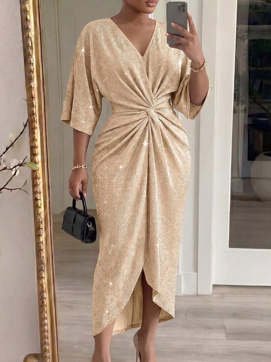 MODA ME COUTURE Dresses & Skirts - Khaki Elegant Women's Plus Size V-Neck Twist Ruched Waist Dress
